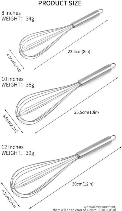 3 Pcs Stainless Steel Whisk Kitchen Utensil Wisk For Blending and Stirring New