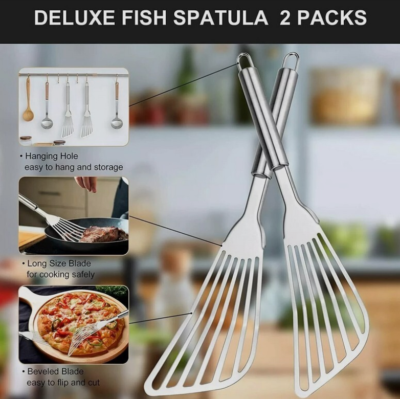 2-Piece Stainless Steel Fish Spatula Set - Premium Kitchen Cooking Utensil