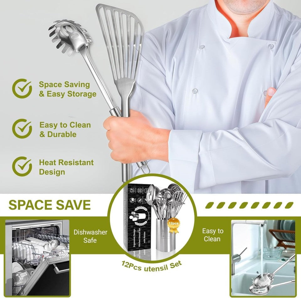 Stainless Steel Kitchen Utensils Set - 12pcs Cooking Utensils Set with Holder, H