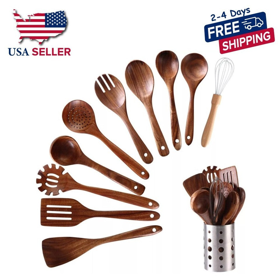Wooden Kitchen Utensils set 11 PCS Wooden Cooking Spoons and Spatula for Cooking